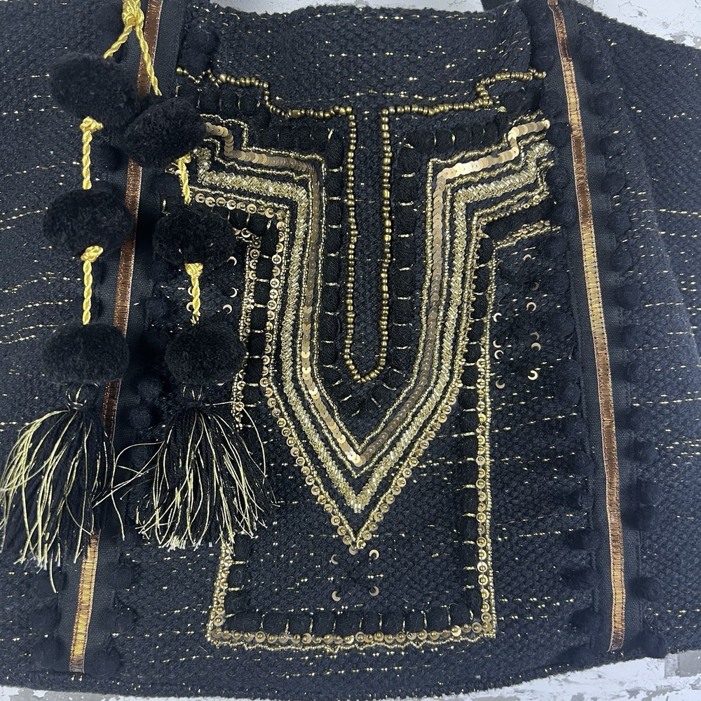 America & Beyond Luxe Love Tote Large Black Gold Pom Poms Tassels Metallic Spark - Picture 5 of 16